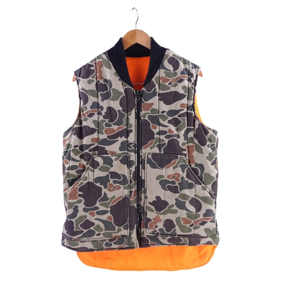 Vintage 80 Walls Blizzard Pruf Duck Camo Insulated Hunting Vest Orange Lining 32